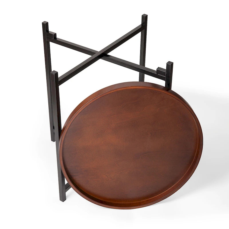 Table d'appoint ronde moderne du milieu du siècle avec plateau en bois amovible