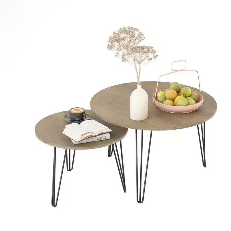 Lot de 2 tables basses gigognes rondes de 27,56 pouces, ensemble de tables d'appoint gigognes circulaires, plateau en bois rond et base en métal robuste