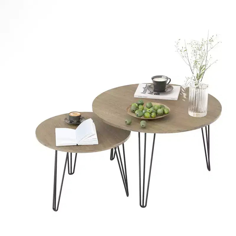 Lot de 2 tables basses gigognes rondes de 27,56 pouces, ensemble de tables d'appoint gigognes circulaires, plateau en bois rond et base en métal robuste