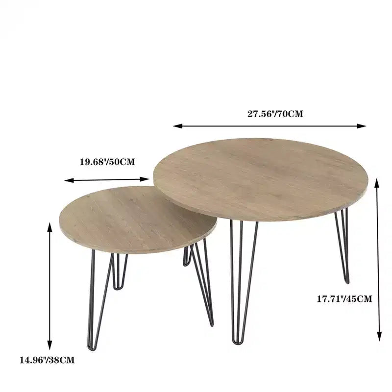 Lot de 2 tables basses gigognes rondes de 27,56 pouces, ensemble de tables d'appoint gigognes circulaires, plateau en bois rond et base en métal robuste