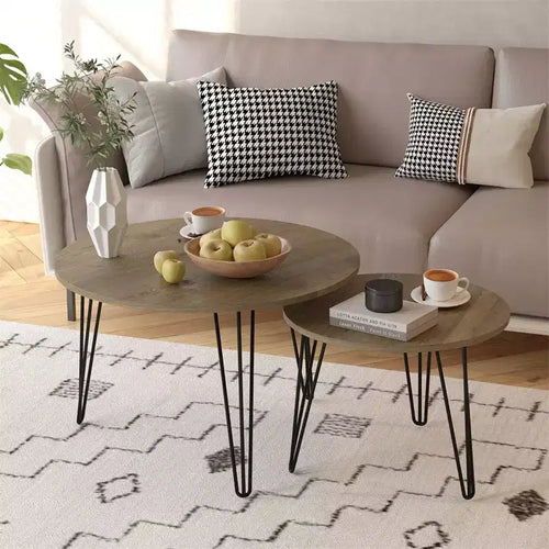 27.56'' Round Nesting Coffee Table Set of 2, Circular Nesting End Table Set, Round Wooden Tabletop, and Sturdy Metal Base