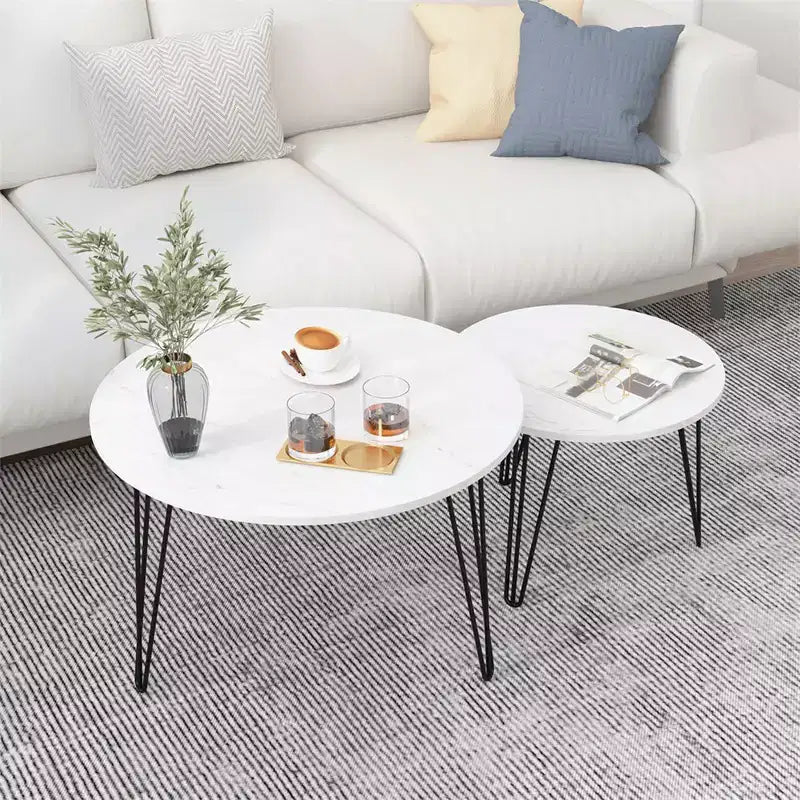 Lot de 2 tables basses gigognes rondes de 27,56 pouces, ensemble de tables d'appoint gigognes circulaires, plateau en bois rond et base en métal robuste