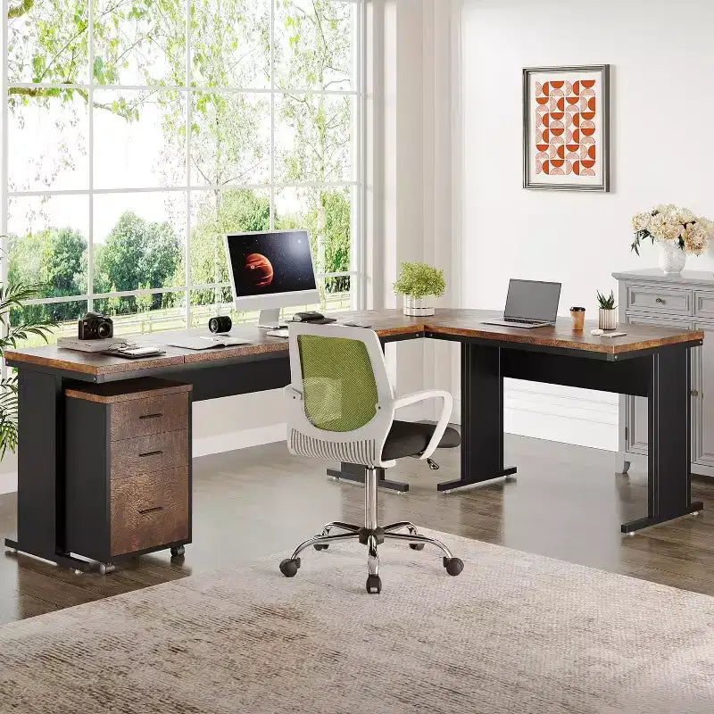Bureau de direction en L Lantine 82.68 avec caisson mobile à 3 tiroirs