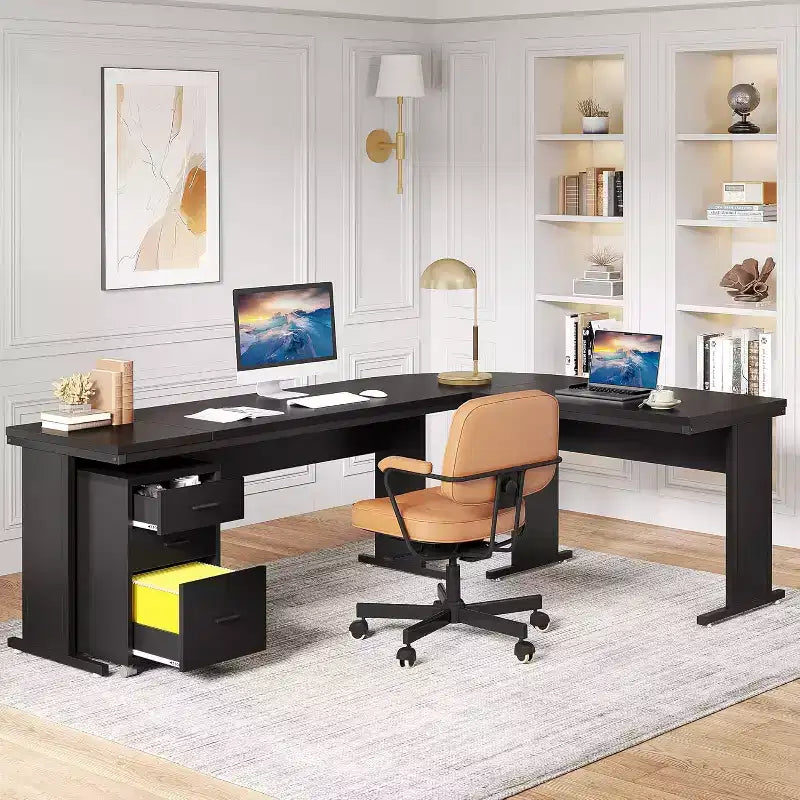 Bureau de direction en L Lantine 82.68 avec caisson mobile à 3 tiroirs