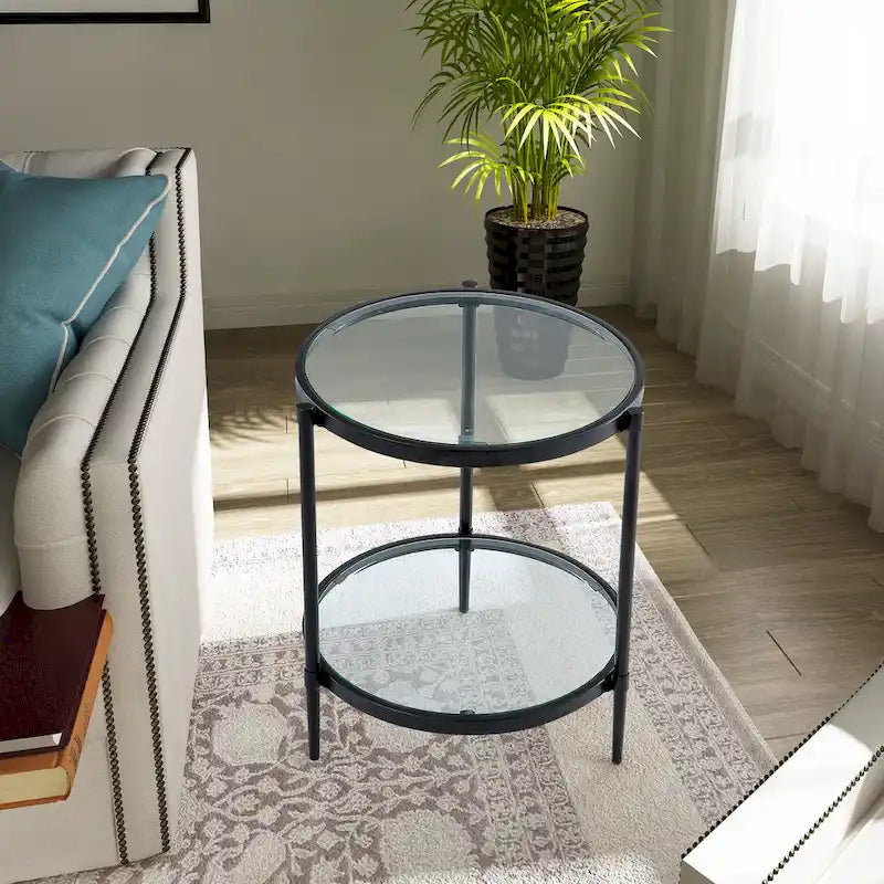 Table d'appoint ronde moderne en verre GZMR avec étagère