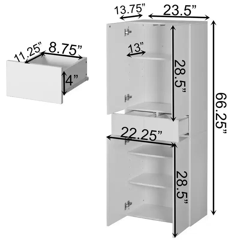 Armoire de cuisine Basicwise 66 avec 4 portes, 3 étagères réglables, 2 armoires avec 1 tiroir, rangement autoportant élégant style ferme