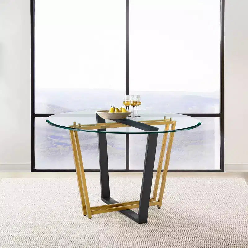 Table à manger Armen Living Devi ronde en verre avec piétement en acier inoxydable brossé et fer