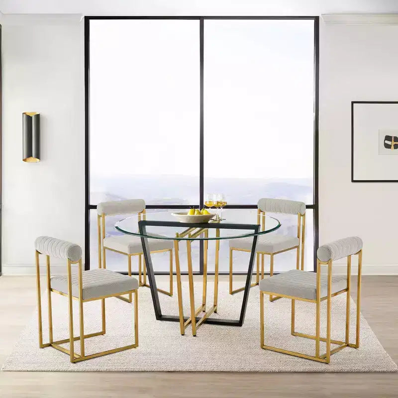 Table à manger Armen Living Devi ronde en verre avec piétement en acier inoxydable brossé et fer
