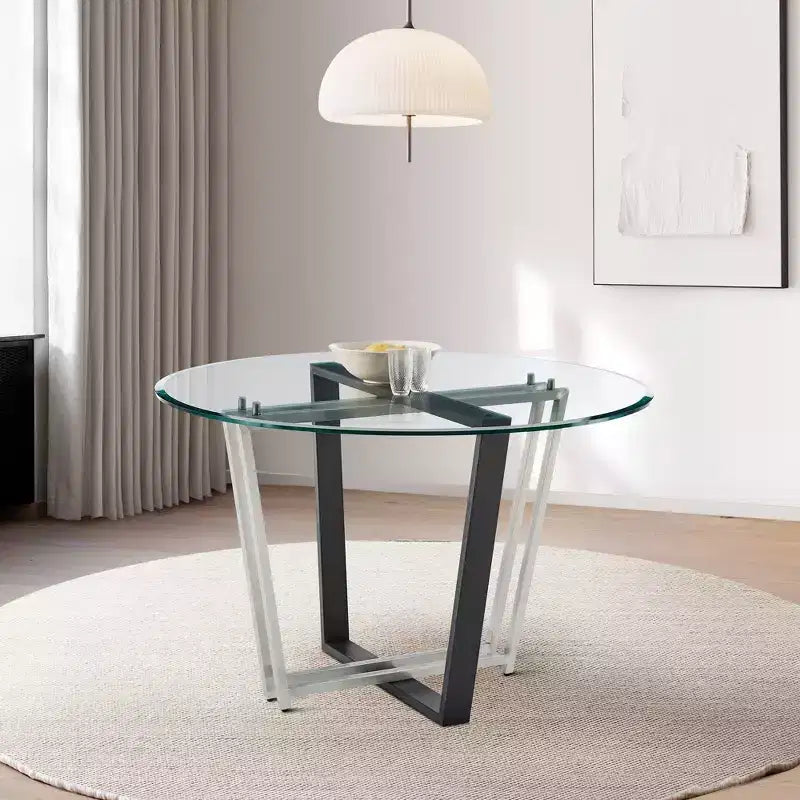 Table à manger Armen Living Devi ronde en verre avec piétement en acier inoxydable brossé et fer