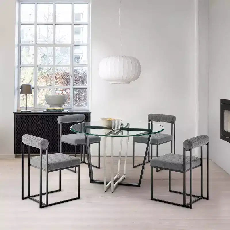 Table à manger Armen Living Devi ronde en verre avec piétement en acier inoxydable brossé et fer