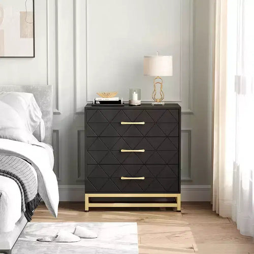 Commode à 3 tiroirs, tiroirs de rangement en bois avec espace de rangement pour placard, chambre à coucher, commode à tiroirs moderne de chevet avec poignées dorées