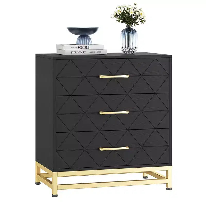 Commode à 3 tiroirs, tiroirs de rangement en bois avec espace de rangement pour placard, chambre à coucher, commode à tiroirs moderne de chevet avec poignées dorées