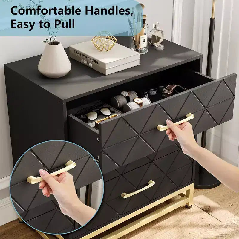Commode à 3 tiroirs, tiroirs de rangement en bois avec espace de rangement pour placard, chambre à coucher, commode à tiroirs moderne de chevet avec poignées dorées