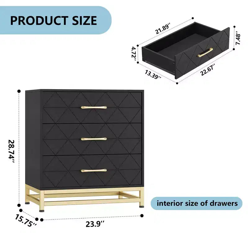 Commode à 3 tiroirs, tiroirs de rangement en bois avec espace de rangement pour placard, chambre à coucher, commode à tiroirs moderne de chevet avec poignées dorées
