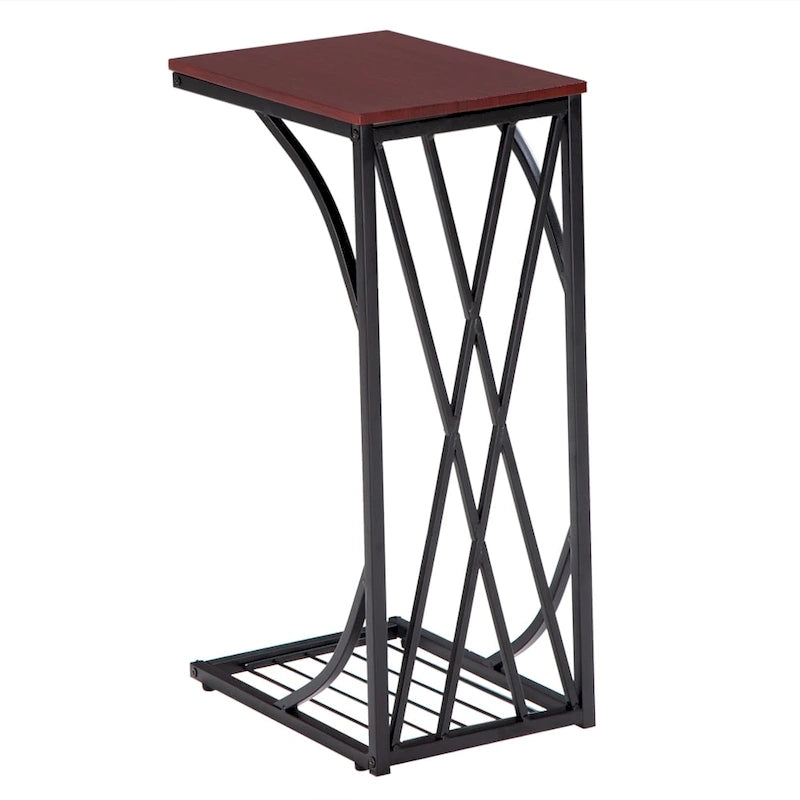 Table d'appoint en C pour canapé, robuste, avec plateau en bois brun pour salon