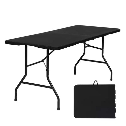 6 Foot Portable Folding Table HDPE Plastic Indoor Outdoor Fold-in-Half Black Seats 8 to 10