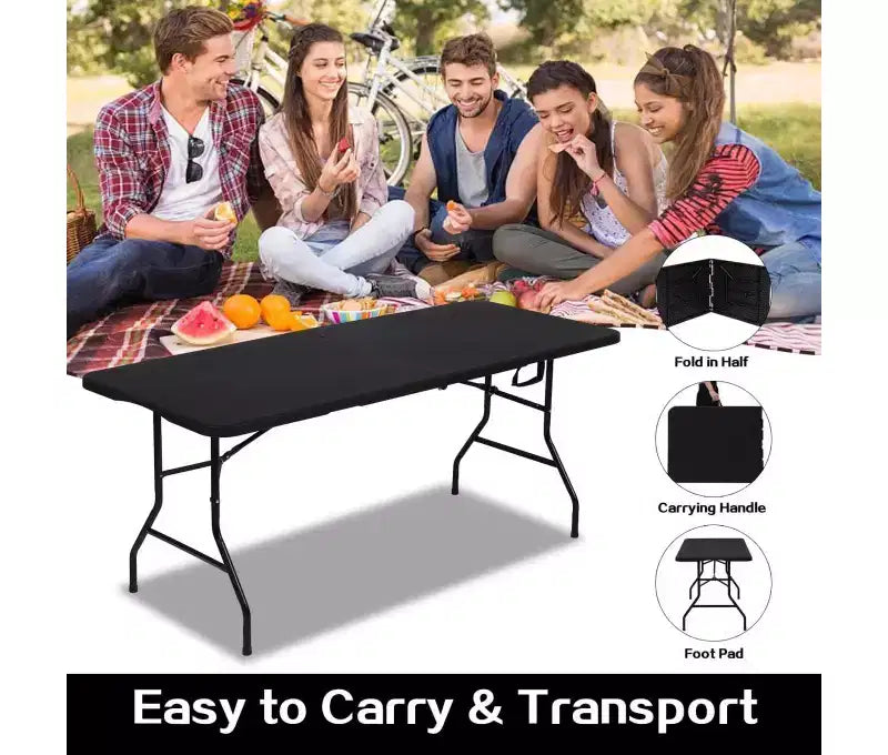 Table pliante portable de 6 pieds en plastique HDPE pour intérieur/extérieur, pliable en deux, noire, pour 8 à 10 personnes
