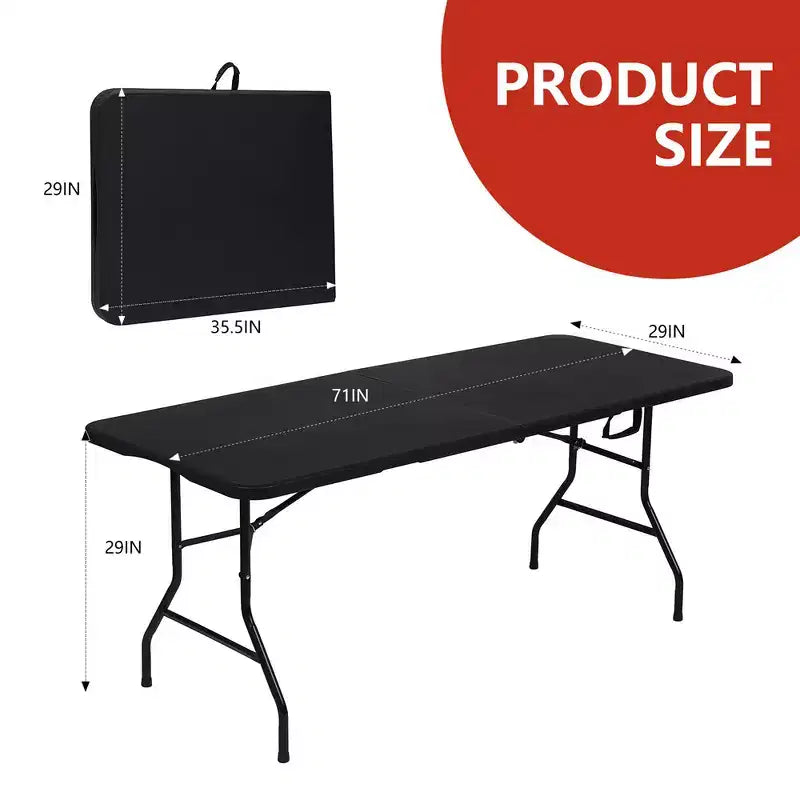 Table pliante portable de 6 pieds en plastique HDPE pour intérieur/extérieur, pliable en deux, noire, pour 8 à 10 personnes