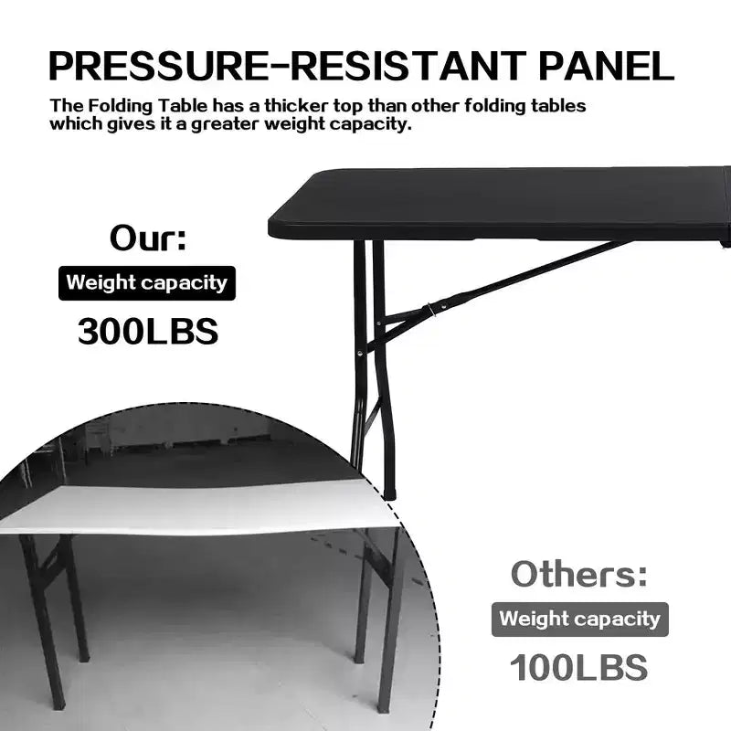 Table pliante portable de 6 pieds en plastique HDPE pour intérieur/extérieur, pliable en deux, noire, pour 8 à 10 personnes