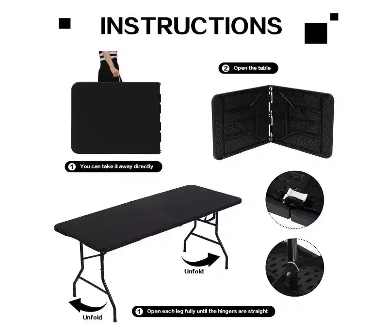 Table pliante portable de 6 pieds en plastique HDPE pour intérieur/extérieur, pliable en deux, noire, pour 8 à 10 personnes