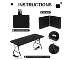 Table pliante portable de 6 pieds en plastique HDPE pour intérieur/extérieur, pliable en deux, noire, pour 8 à 10 personnes