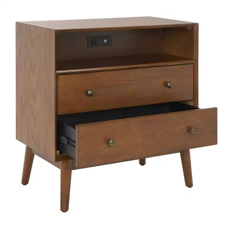 Commode 2 tiroirs 1 étagère Scully avec USB - CHS6417 - Chêne moyen/Or antique - Safavieh