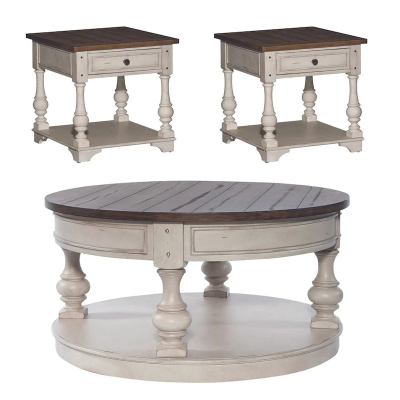 Ensemble 3 pièces blanc cassé Morgan Creek (1 table basse, 2 tables d'appoint)