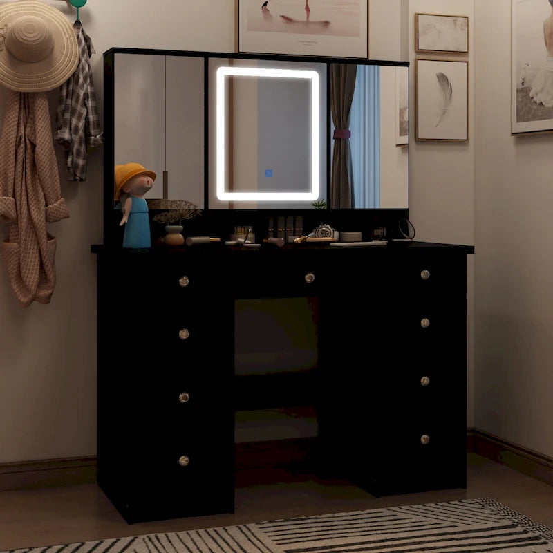 Coiffeuse avec miroir lumineux 3 couleurs, grande table de maquillage