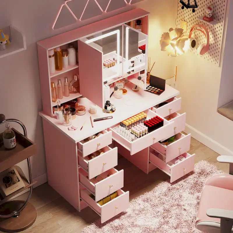 Coiffeuse avec miroir lumineux 3 couleurs, grande table de maquillage