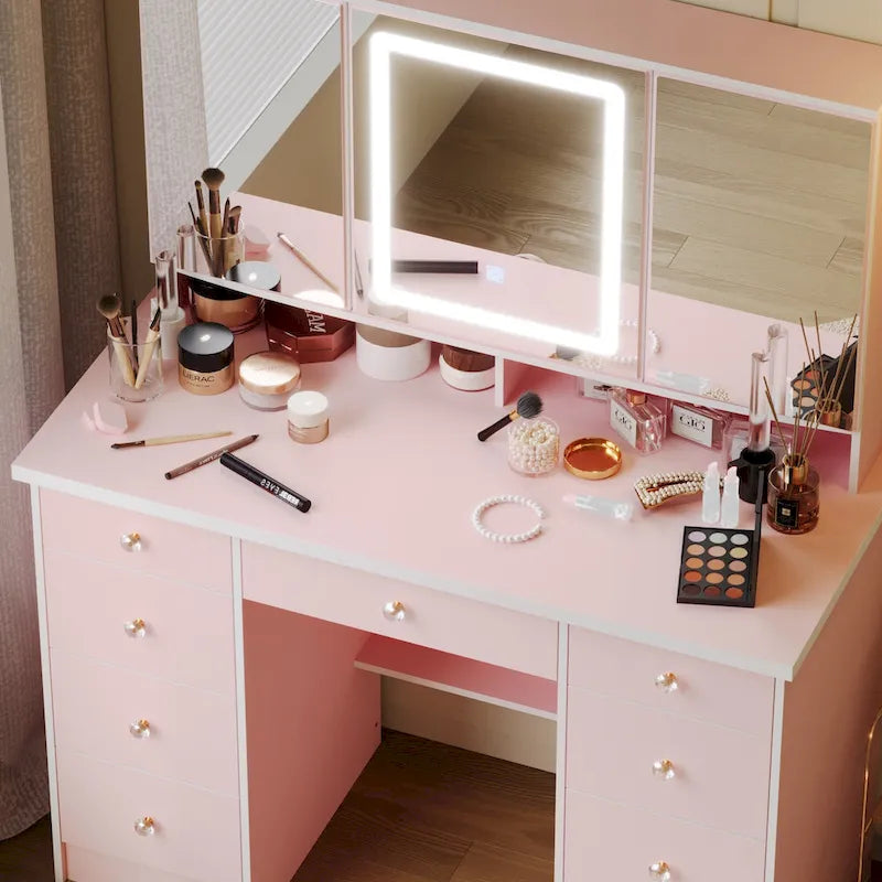 Coiffeuse avec miroir lumineux 3 couleurs, grande table de maquillage