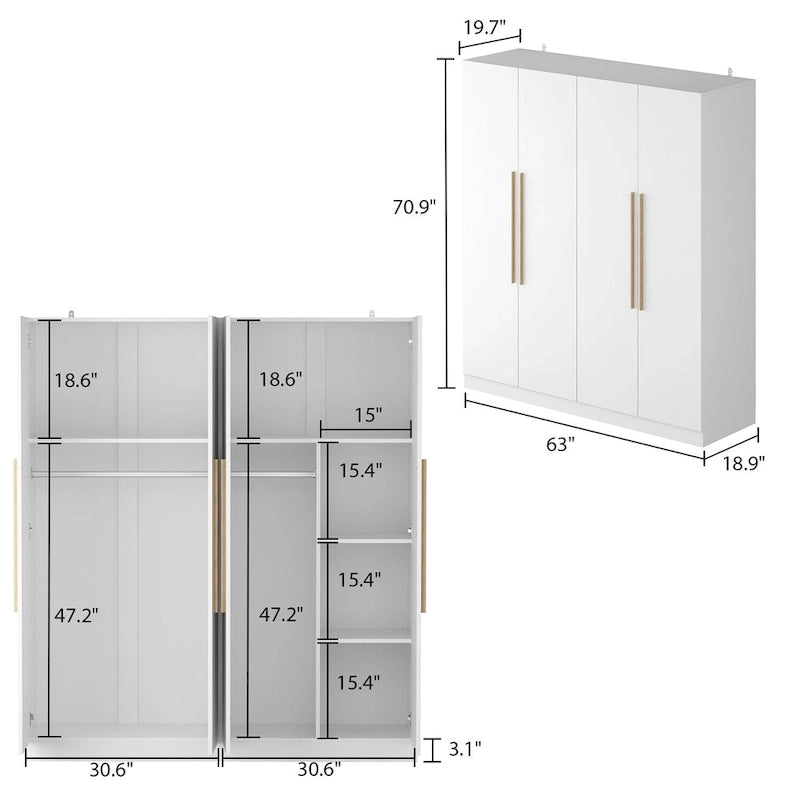 Armoire Kerrogee 4 portes avec tringle de suspension, 70,9H x 63W, blanche