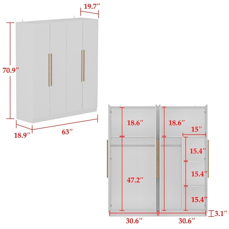 Armoire Kerrogee 4 portes avec tringle de suspension, 70,9H x 63W, blanche