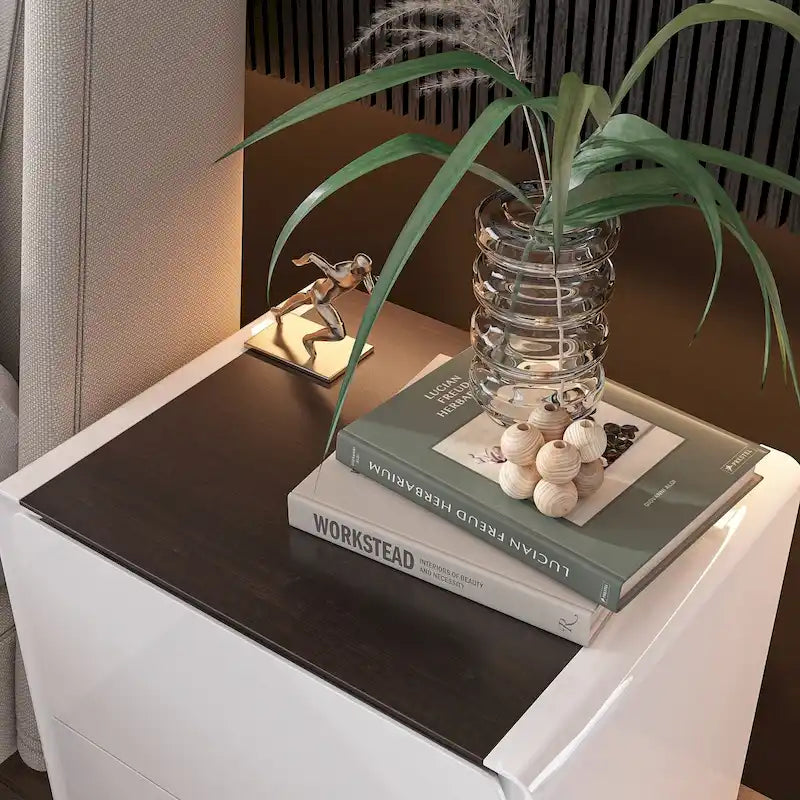 Table de chevet LED blanche moderne, finition brillante, avec 2 tiroirs