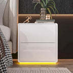 Table de chevet LED blanche moderne, finition brillante, avec 2 tiroirs
