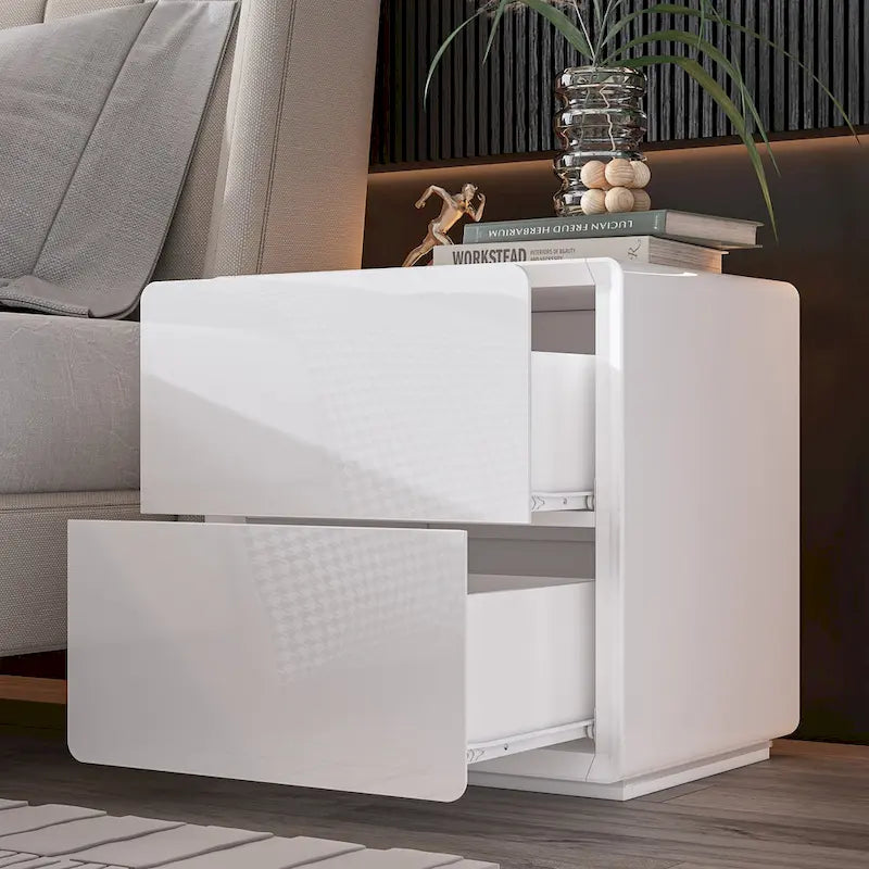 Table de chevet LED blanche moderne, finition brillante, avec 2 tiroirs
