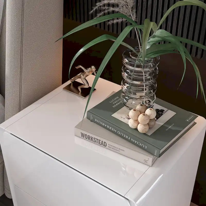 Table de chevet LED blanche moderne, finition brillante, avec 2 tiroirs