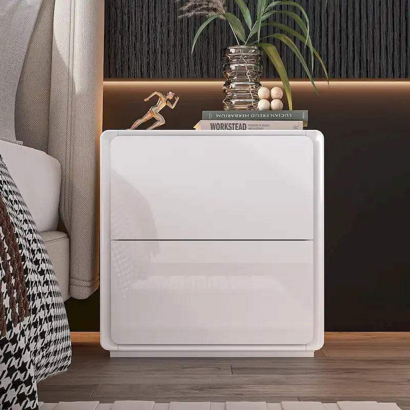 Table de chevet LED blanche moderne, finition brillante, avec 2 tiroirs