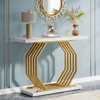 Console dorée, Table d'entrée en faux marbre, Table basse étroite avec base géométrique en métal, Table d'appoint moderne de 101,6 cm