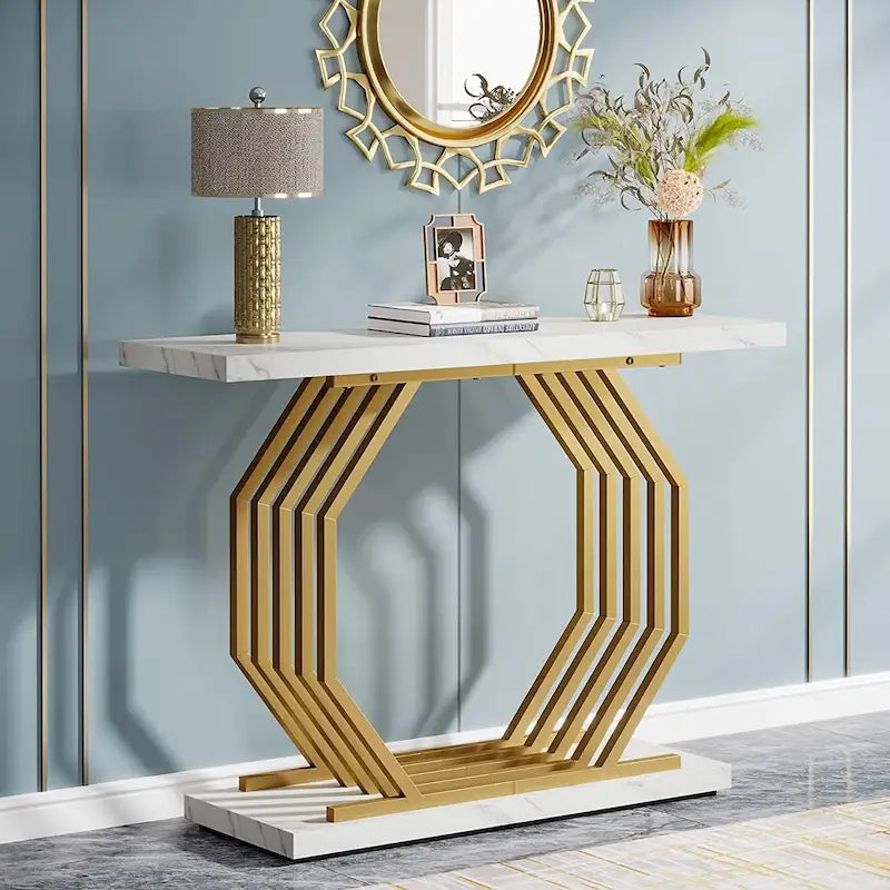 Console dorée, Table d'entrée en faux marbre, Table basse étroite avec base géométrique en métal, Table d'appoint moderne de 101,6 cm