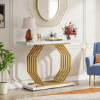 Console dorée, Table d'entrée en faux marbre, Table basse étroite avec base géométrique en métal, Table d'appoint moderne de 101,6 cm
