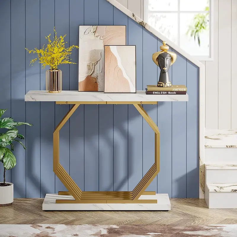 Console dorée, Table d'entrée en faux marbre, Table basse étroite avec base géométrique en métal, Table d'appoint moderne de 101,6 cm