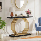 Console dorée, Table d'entrée en faux marbre, Table basse étroite avec base géométrique en métal, Table d'appoint moderne de 101,6 cm