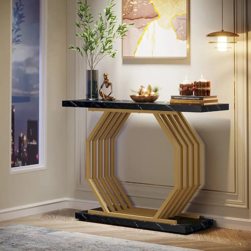 Console dorée, Table d'entrée en faux marbre, Table basse étroite avec base géométrique en métal, Table d'appoint moderne de 101,6 cm