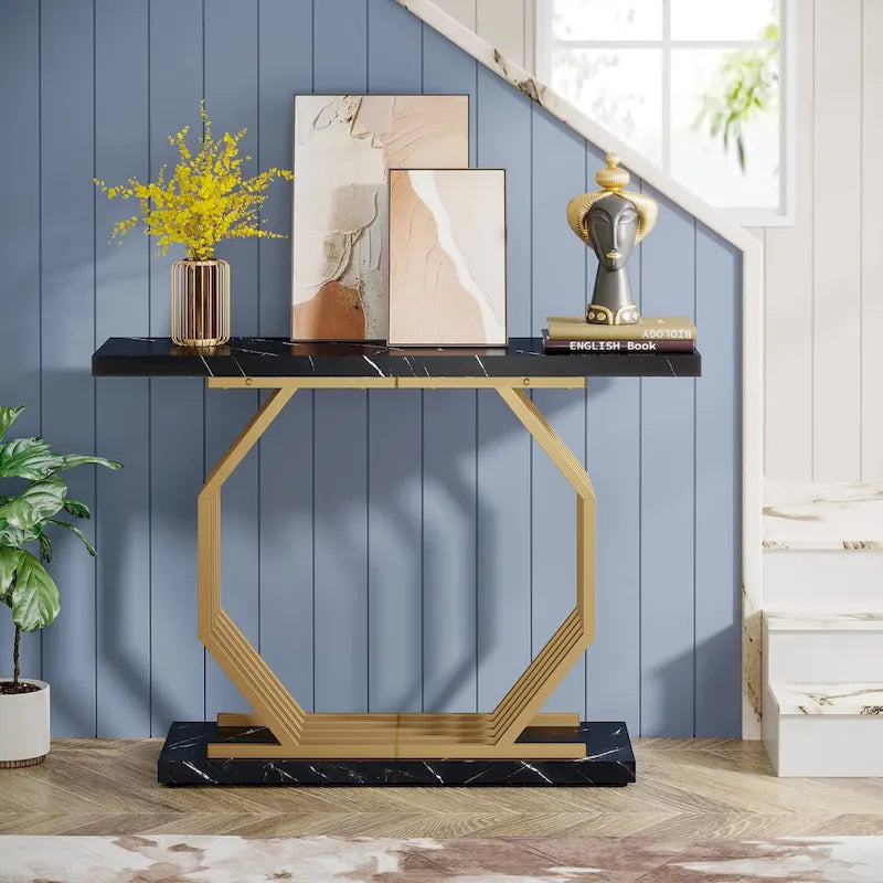 Console dorée, Table d'entrée en faux marbre, Table basse étroite avec base géométrique en métal, Table d'appoint moderne de 101,6 cm