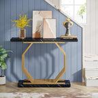 Console dorée, Table d'entrée en faux marbre, Table basse étroite avec base géométrique en métal, Table d'appoint moderne de 101,6 cm