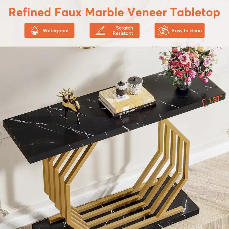 Console dorée, Table d'entrée en faux marbre, Table basse étroite avec base géométrique en métal, Table d'appoint moderne de 101,6 cm
