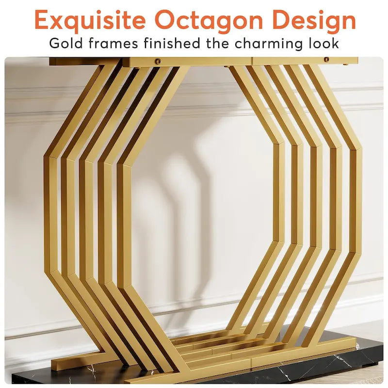 Console dorée, Table d'entrée en faux marbre, Table basse étroite avec base géométrique en métal, Table d'appoint moderne de 101,6 cm