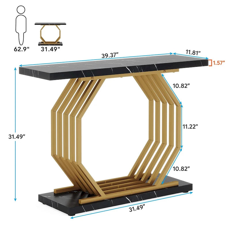 Console dorée, Table d'entrée en faux marbre, Table basse étroite avec base géométrique en métal, Table d'appoint moderne de 101,6 cm