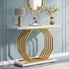 Console dorée, Table d'entrée en faux marbre, Table basse étroite avec base géométrique en métal, Table d'appoint moderne de 101,6 cm