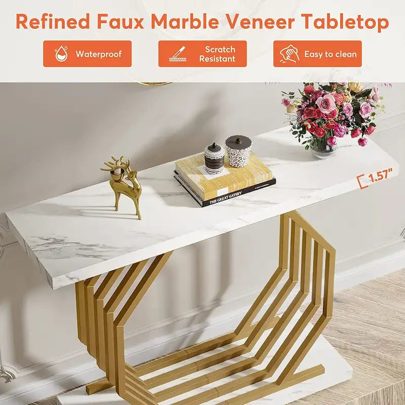 Console dorée, Table d'entrée en faux marbre, Table basse étroite avec base géométrique en métal, Table d'appoint moderne de 101,6 cm